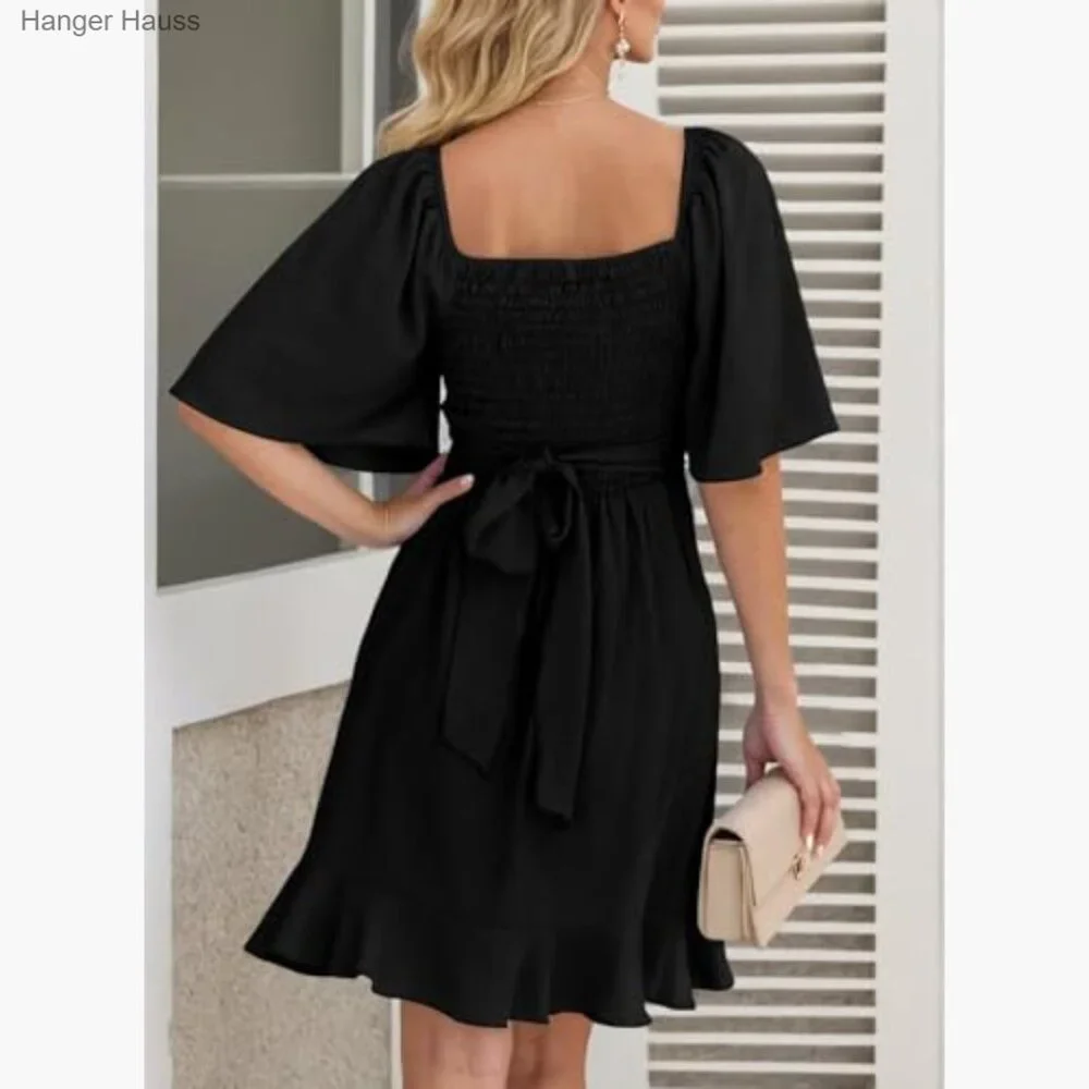 Wrap V Neck Flared Sleeve Smocked Waist Tiered Mini Dress Wedding Guest_2
